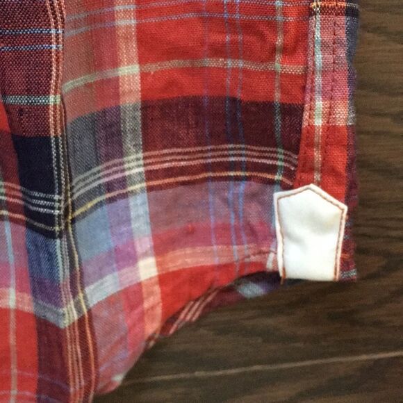 Red & Blue Martin Dingman Tartan Plaid Check 100% Linen LS Button down Shirt XL - Picture 7 of 7